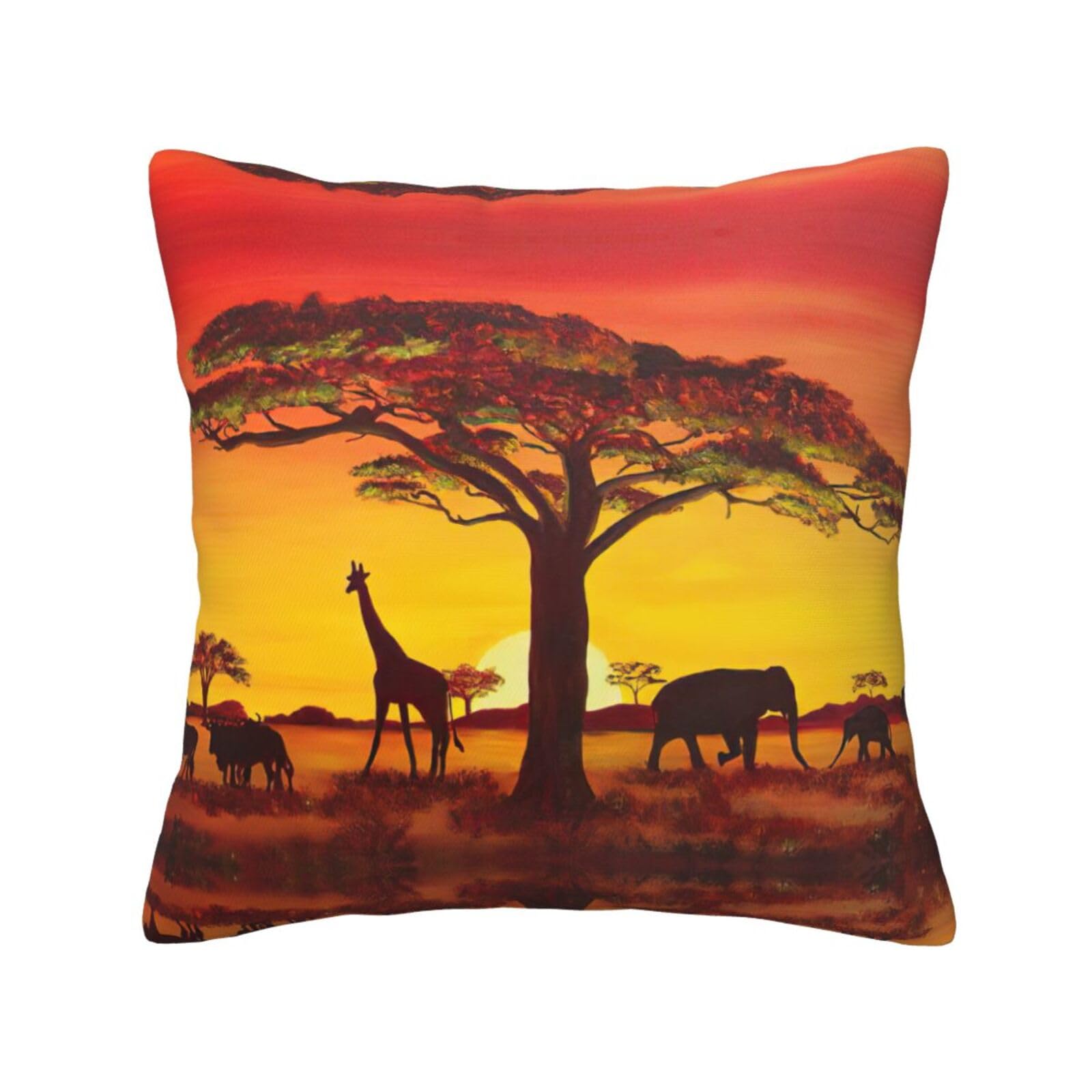 Asfgda Black African Animal Sunset Printed Decorative Throw Pillow Covers,Invisible Zipper Soft Cushion Cases For Home Sofa Bedroom Decor(18"X18")