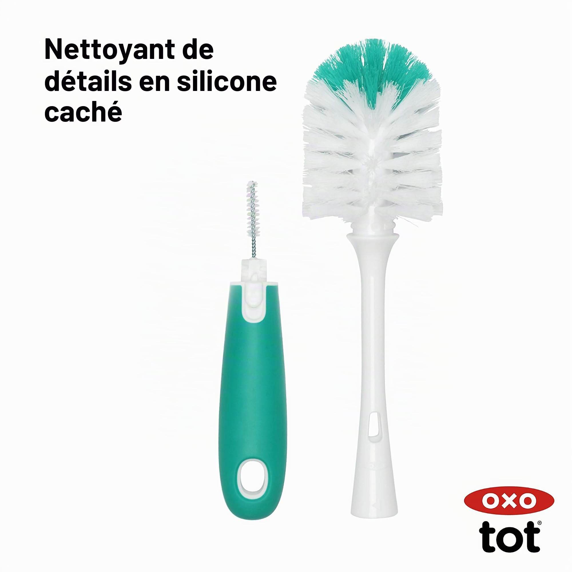OXO Tot Goupillon avec Support | Poils fermes pour un nettoyage efficace, manche antidérapant confortable, rangement compact
