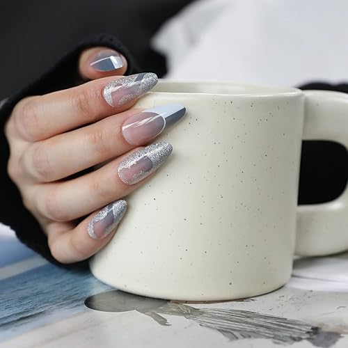 Miniatura 4 de Uñas postizas francesas medianas de almendra, uñas postizas acrílicas de cobertura completa con purpurina azul para mujeres y niñas, 24 unidades