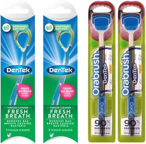 DenTek Comfort Clean, paquete variado, limpiador de lengua y raspador Orabrush (1 unidad) y limpiador de lengua menta fresca (1 unidad) (2 de cada