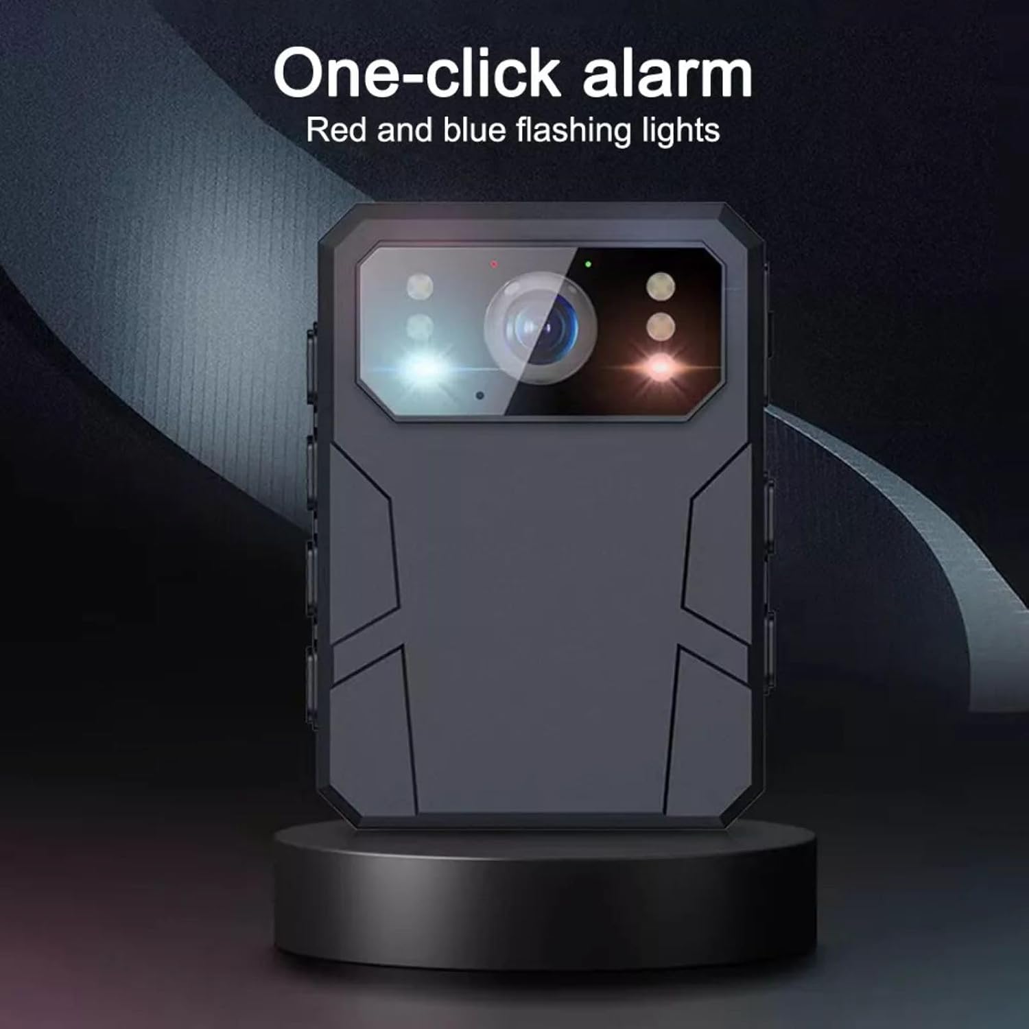 The body camera with red and blue flashing lights, indicating the one-click alarm function.
