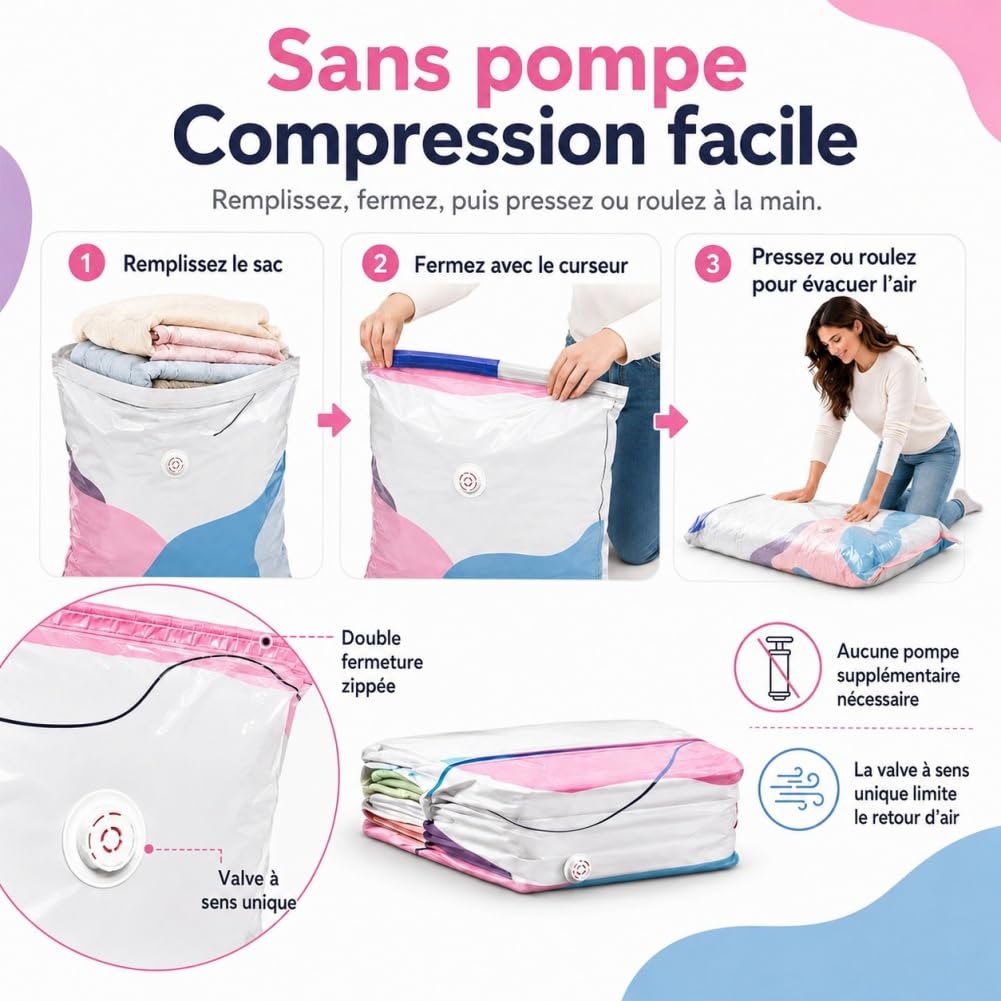 Large No-Pump 3D Vacuum Storage Bags, Sacchetti Salvaspazio Sottovuoto 3D Senza Pompa, No Pump Compression Storage Bag, Reusable Vacuum Pack Bags for Clothes Duvets，A+B 6PCS