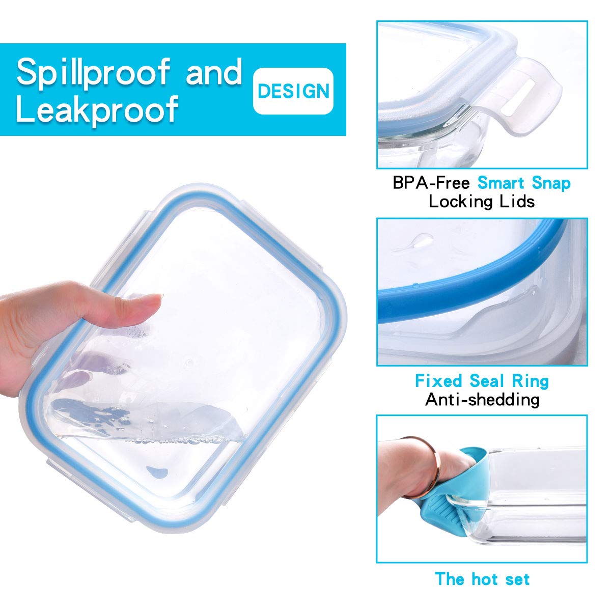 Frischhaltedosen aus Glas mit Schnappverschluss, luftdicht und auslaufsicher, 2 Ofen-Silikon-Handschuhe, sicher für Spülmaschine, Ofen, Mikrowelle, Gefrierschrank, BPA-frei, 20 Stück