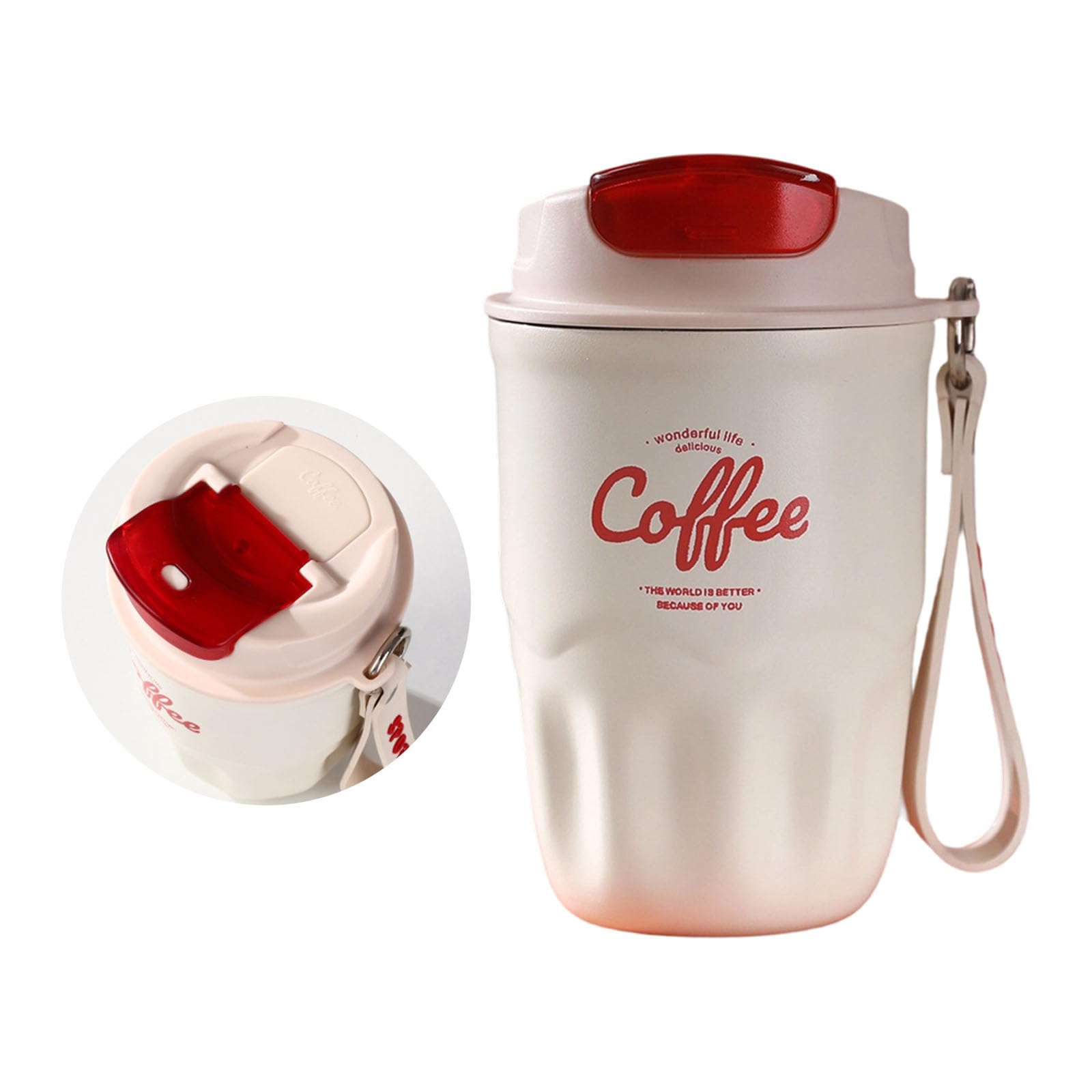 Elnwnnkc Insulated Travel Mug Stainless Steel Coffee Cup with Carry Strap, Drinking Lid and Compact Desk Drink Carry Use Compact Daily Tea Water