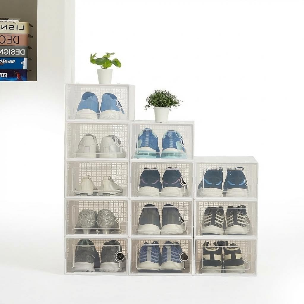 CABIHOME Clear Plastic Shoe Storage Boxes with Lids (Gray, White, Brown, Black), 33.5 * 26 * 16.5 cm Stackable Ventilated Organizer, Heavy Duty Shoe Bins for Living Room, Closet, Under Bed