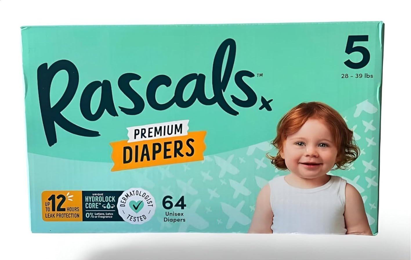 Rascals Premium Diapers, (Size,5 Count 64) ~ (1 Pack)