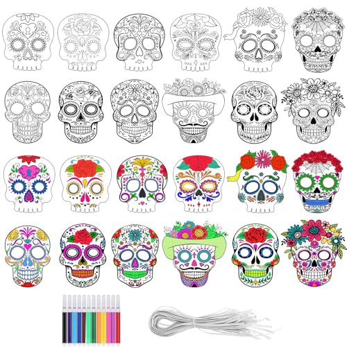 MineIdea 24 Pack Day of The Dead DIY Masks, Color You Own Sugar Skull Mask Painting Dia De Muertos Halloween Paper Masks with 12 Watercolor Pens and Elastic Headbands for Halloween Party, Crafts