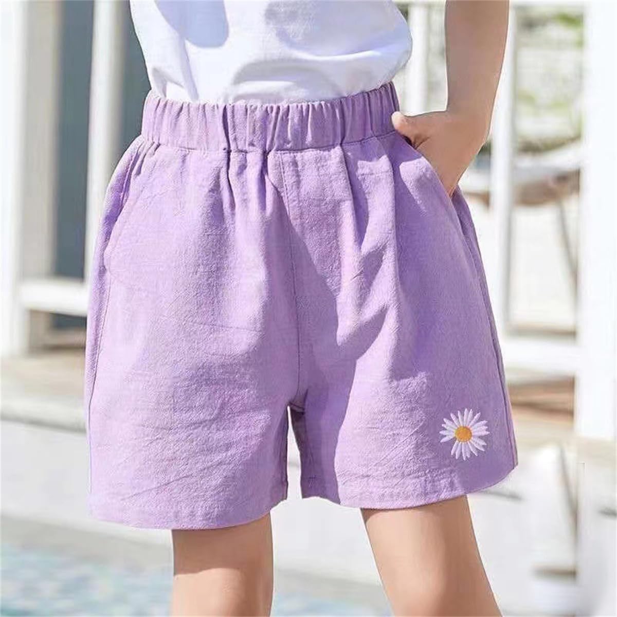 3er Pack Mädchen Shorts Hotpants Sommer Baumwolle Leinen Kurze Hosen mit Daisy Stickerei Baby Kinder Sommerhosen Leichte Atmungsaktive Einfarbige Lässige Kurz Hose Gr. 86/98/104/116/128/134/146
