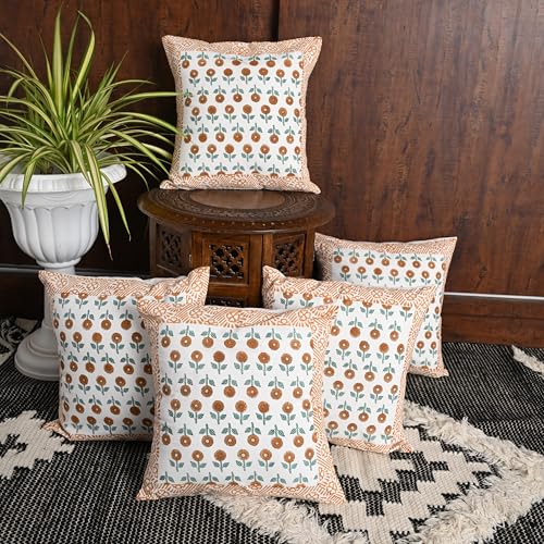 Image of Cotton Cushion Covers 16x16 Inch - Hand Block Floral Print Pillow Covers for Sofa, Couch & Bedroom Pack of 5, Yellow