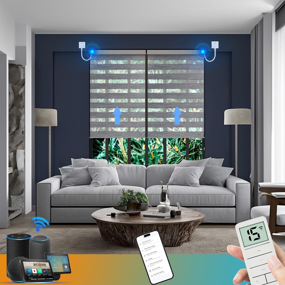Motorized Zebra Shades for Window Plug-in WiFi AC 110V Motor Electric Blinds Horizontal Roller Shades Cordless Smart Blinds Compatible with Alexa Customized Sizes(Carbon Caramel)