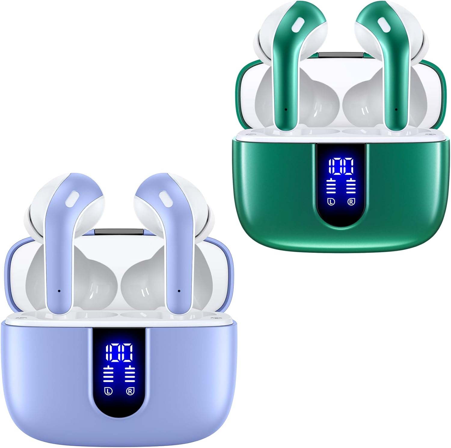 TAGRY 2 Sets X08 Purple and Forest Green Bluetooth Headphones True Wireless Earbuds 60H Playback Ear Buds with Wireless Charging Case in-Ear Earbuds with Mic