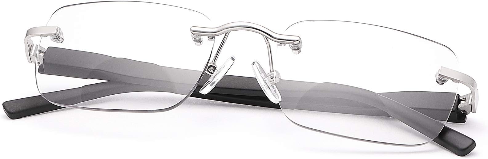 Rimless Bifocal Reading Glasses Spring Hinge Photochromic Sun Readers Transition Shades Computer Blue Light Blocking Sunglasses UV400 Protection Anti Glare Eyewear Gaming Eyeglasses for Men and Women