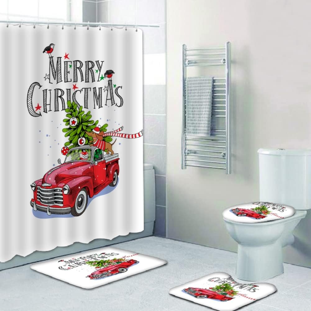 4 Pcs Merry Christmas Shower Curtain Sets with Non-Slip Rug, Toilet Lid Cover and Bath Mat, Santa Claus Shower Curtain with 12 Hooks Christmas Bathroom Decor (Car)