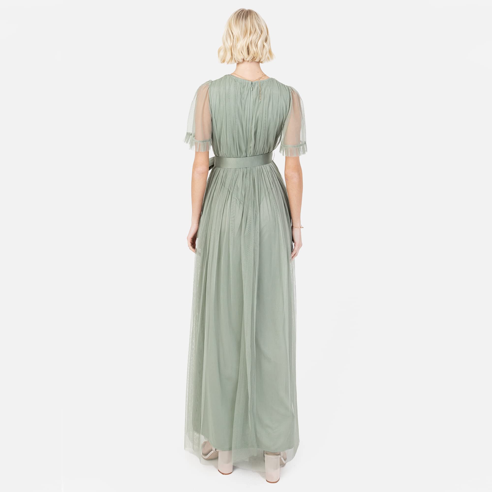 Ladies Maxi Dress for Women V Neckline Short Sleeve Frilly Long Empire Waist for Wedding Guest Bridesmaid Maid of Honour