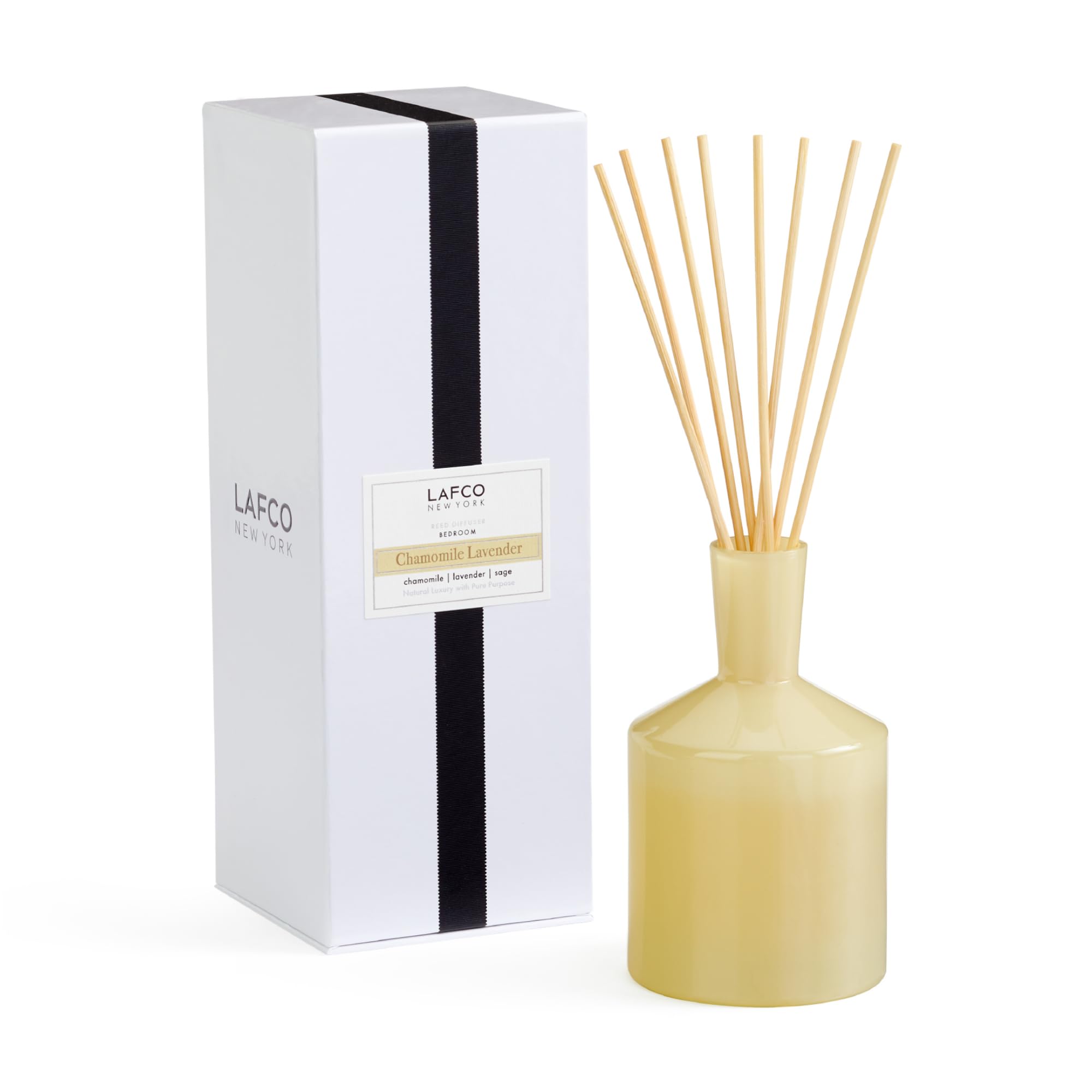 New York Classic Reed Diffuser, Chamomile Lavender - 6 oz - Up to 3 Months Fragrance Life - Reusable, Hand Blown Glass Vessel - Natural Wood Reeds - Made in The USA