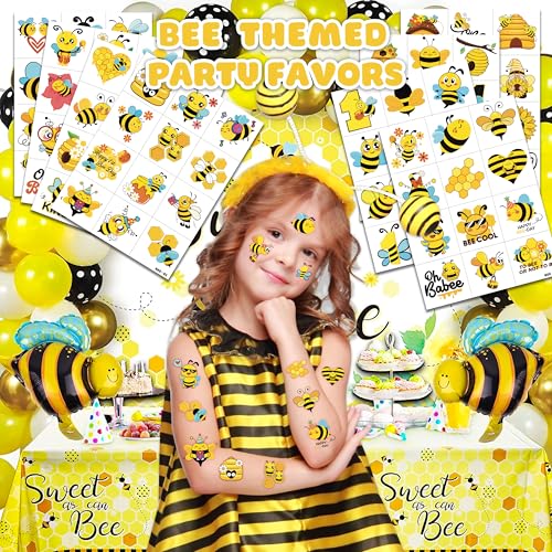 Image of 120 PCS Bee Pre-Cut Temporary Tattoos for Kids | | Super Cute First Themed Birthday Party Favors, Supplies, Decorations, Cute Animal Tattoo Stickers, Gifts for Boys Girls