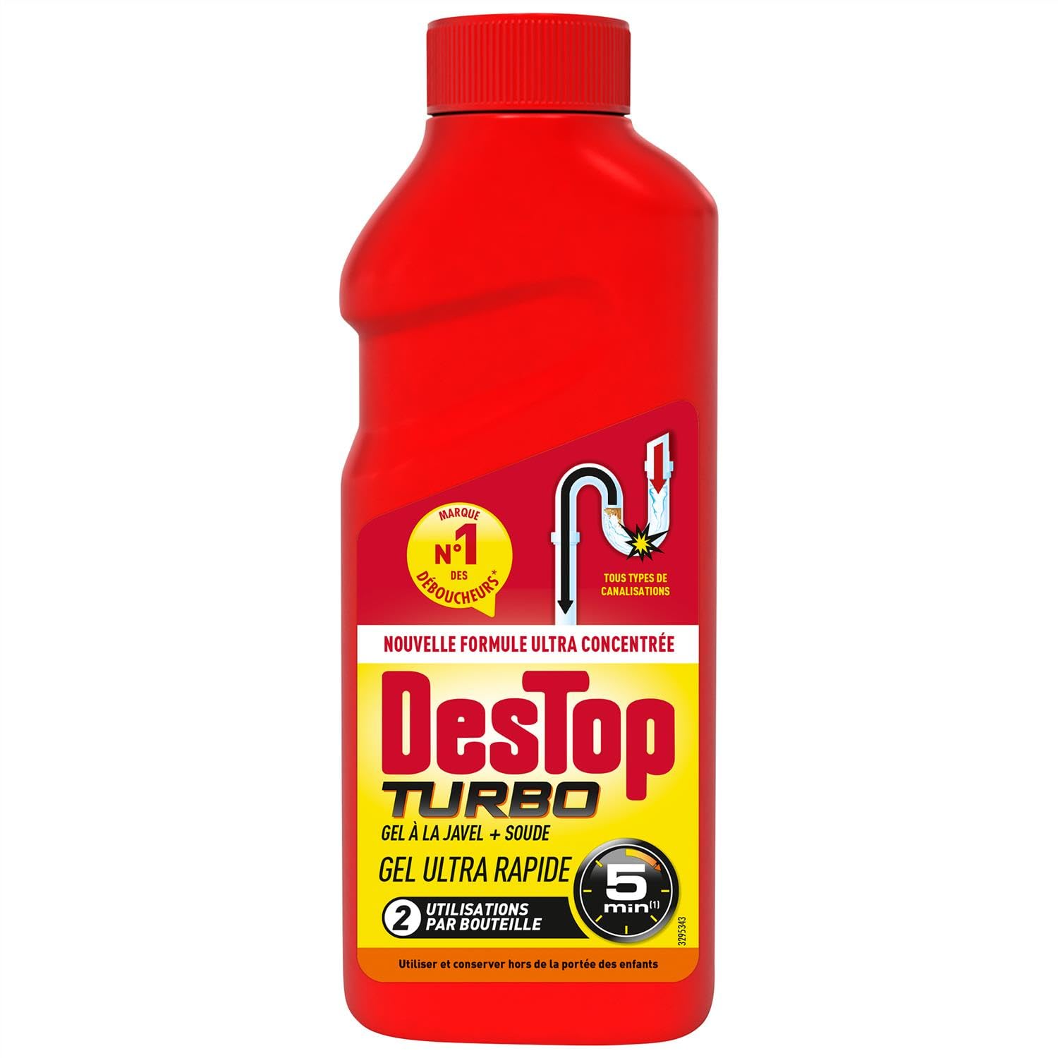 DESTOP - Gel désinfectant et déboucheur canalisation Turbo 5 min - 2 doses - Lot de 5 x 500ml