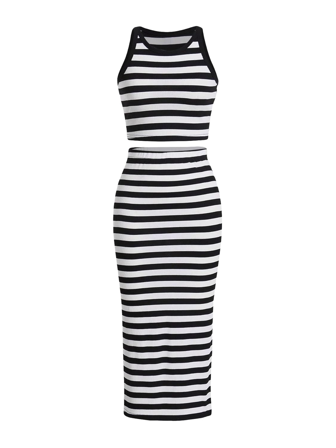 GORGLITTER Womens 2 Piece Outfit Color Block Striped Halter Top and Ribbed Knit Bodycon Maxi Skirt Set
