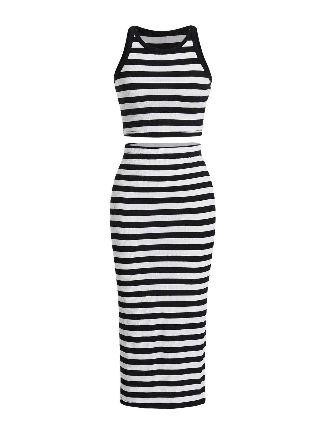 GORGLITTER Womens 2 Piece Outfit Color Block Striped Halter Top and Ribbed Knit Bodycon Maxi Skirt Set
