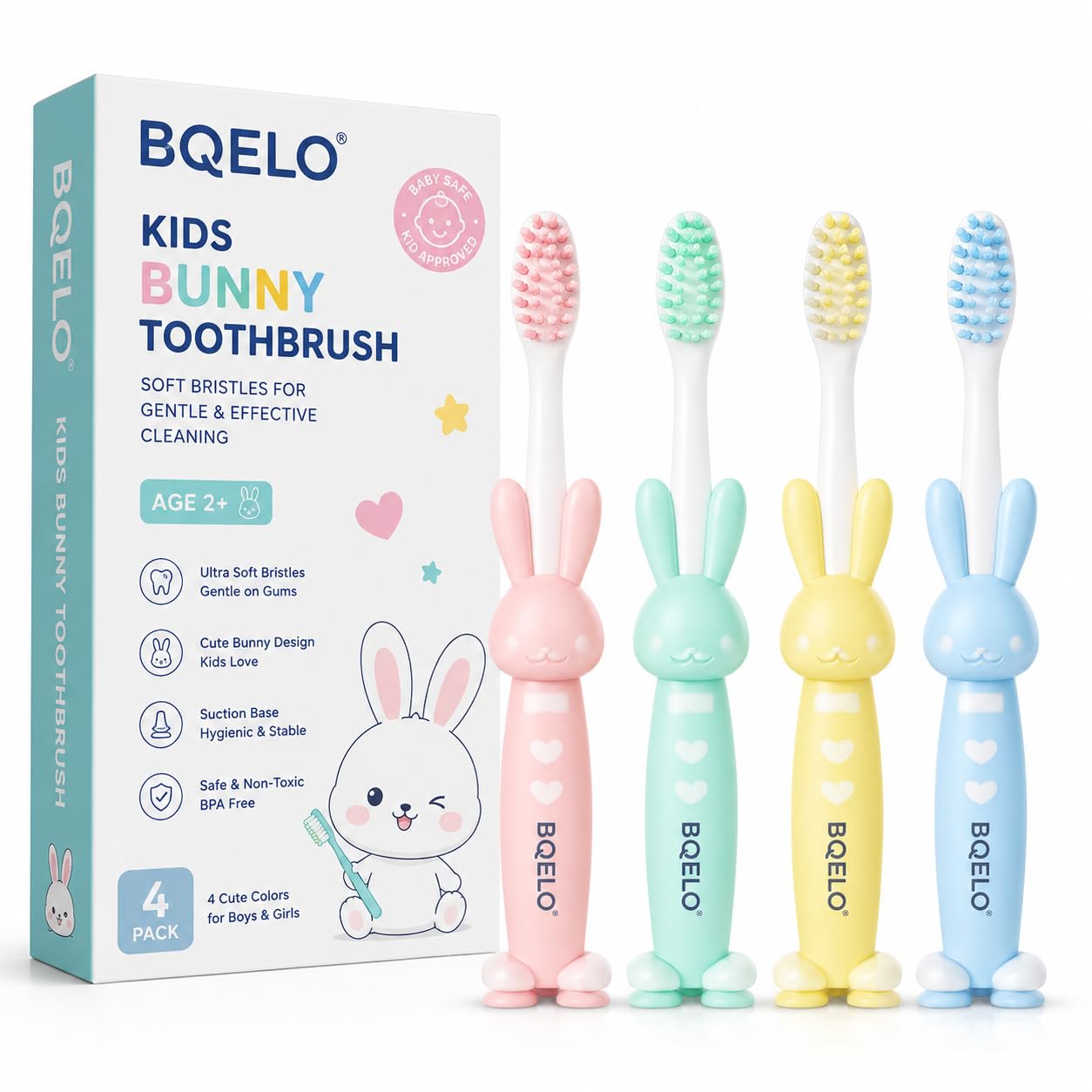 Kids Bunny Toothbrush for Kids & Toddlers Pack of 4 | Ultra Soft Bristles | Cute Rabbit Handle | BPA Free | Suction Base Toothbrush for Boys & Girls-image-0