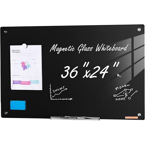 VEVOR Magnetic Glass Whiteboard, Dry Erase Board 36"x24", Wall-Mounted Large White Glassboard Frameless, with Marker Tray, an Eraser and 2 Markers, Black