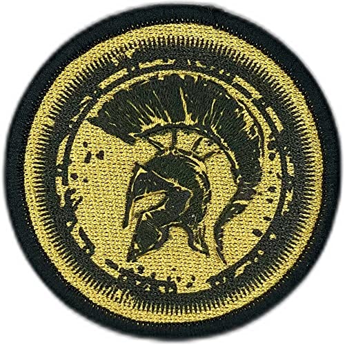 Escudo Espartano 100% Bordado - Parche Ropa - Parches Militares - Parches para tela - Parches para Jeans - Dimensiones 75x75 mm (Dorado)