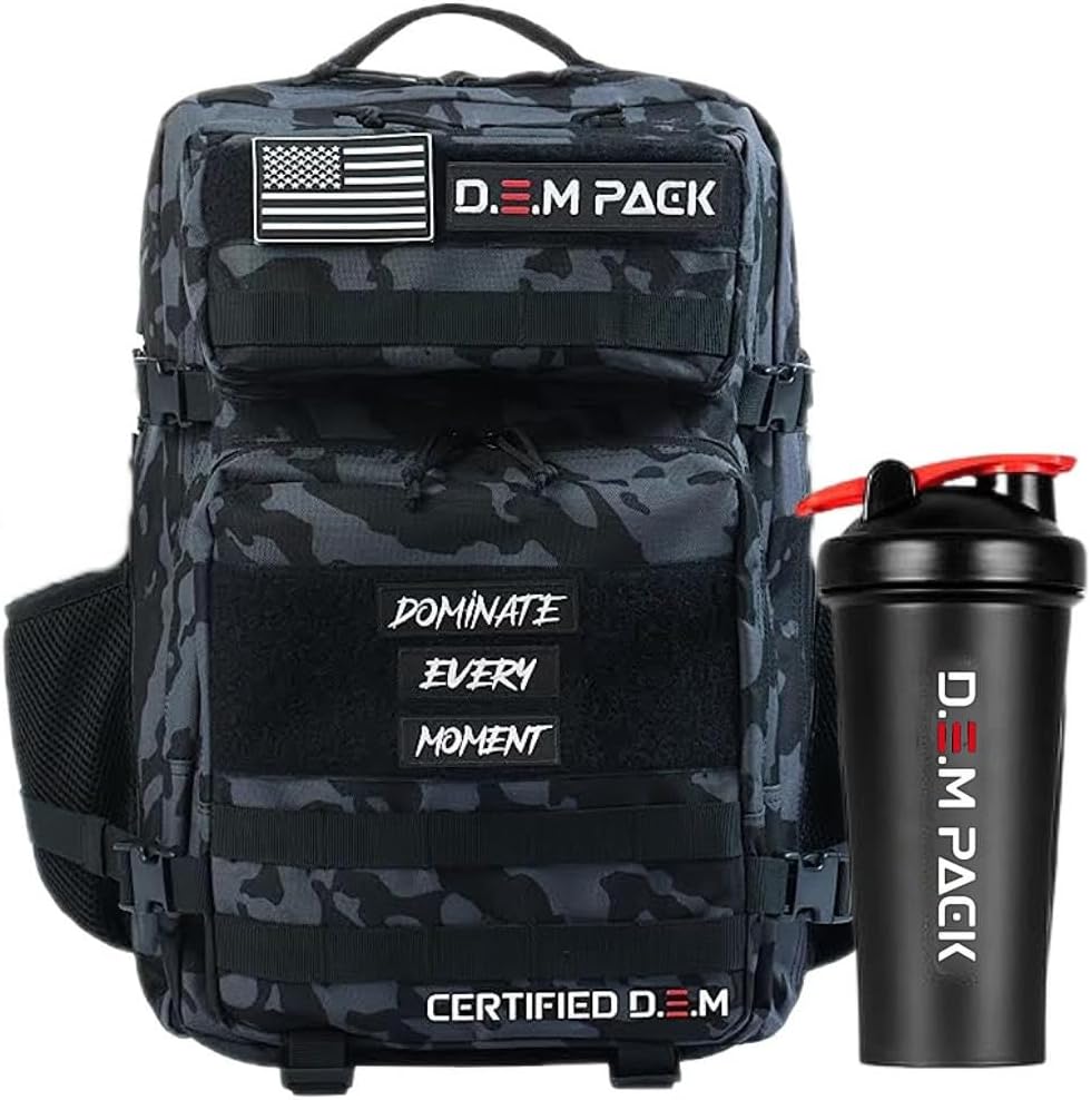 Tactical 45L Military Fitness Backpack for Men and Women, Black Camo Pattern, 3 Day Army Assault Pack Bag Rucksack, Multi-Compartment Storage, Gym, Hiking, Camping, w/ 45L Water Shaker