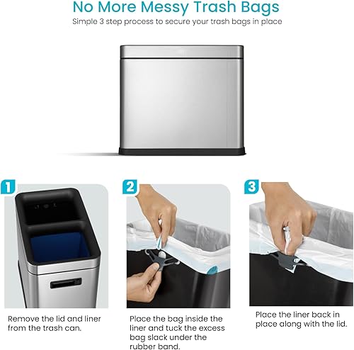 Miniatura 5 de Home Zone Living Basurero de cocina de 8 galones, parte superior abierta, forro extraíble doble para reciclaje y basura, acero inoxidable, forma