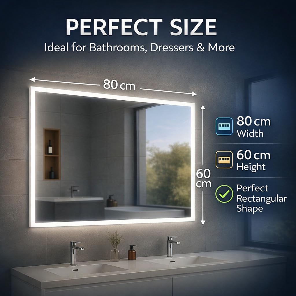 Espejo de Baño con Luz LED 80×60 cm. Espejo de baño Bluetooth y Anti-vaho – Iluminación Ajustable 3 Tonos, Espejo Moderno para Baño, Maquillaje y Aseo – Montaje Horizontal