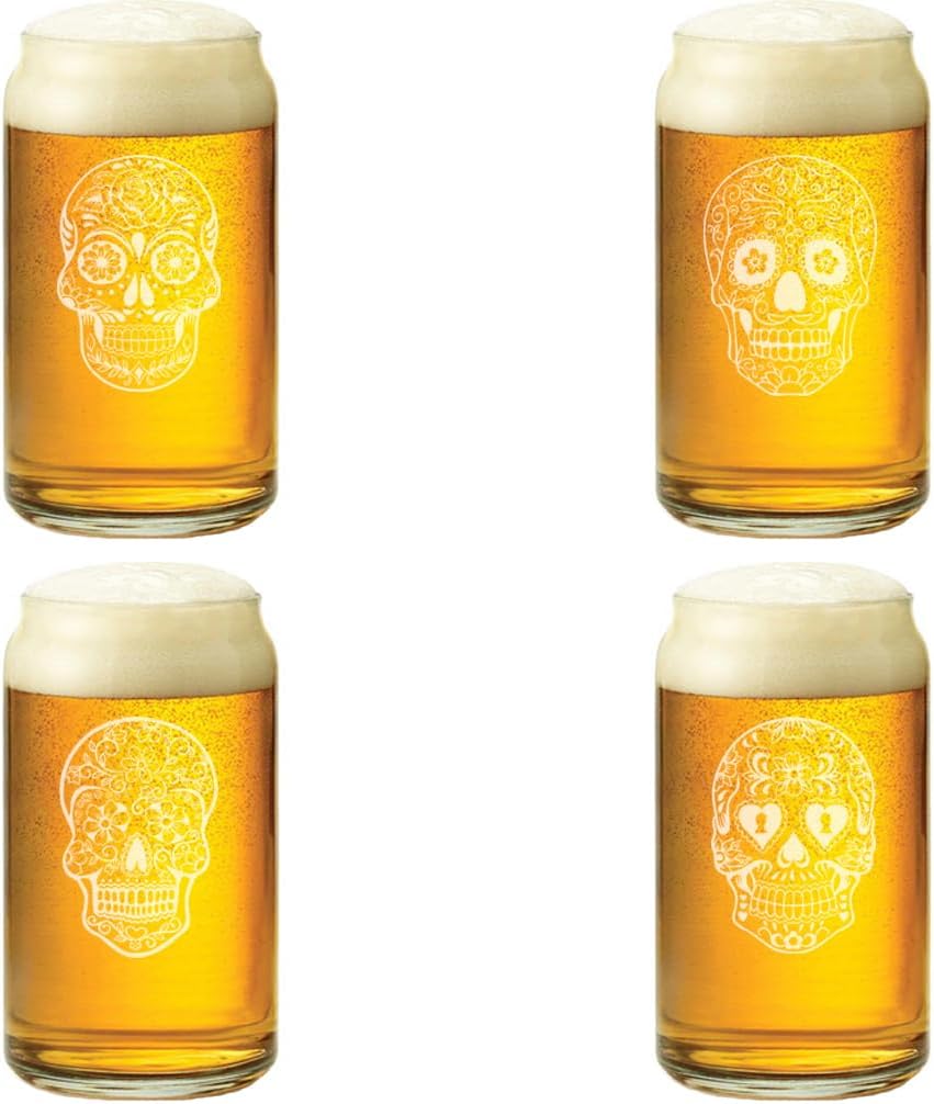 MIP 16 oz Beer Can Glass Gift Set of 4 Sugar Skull Collection