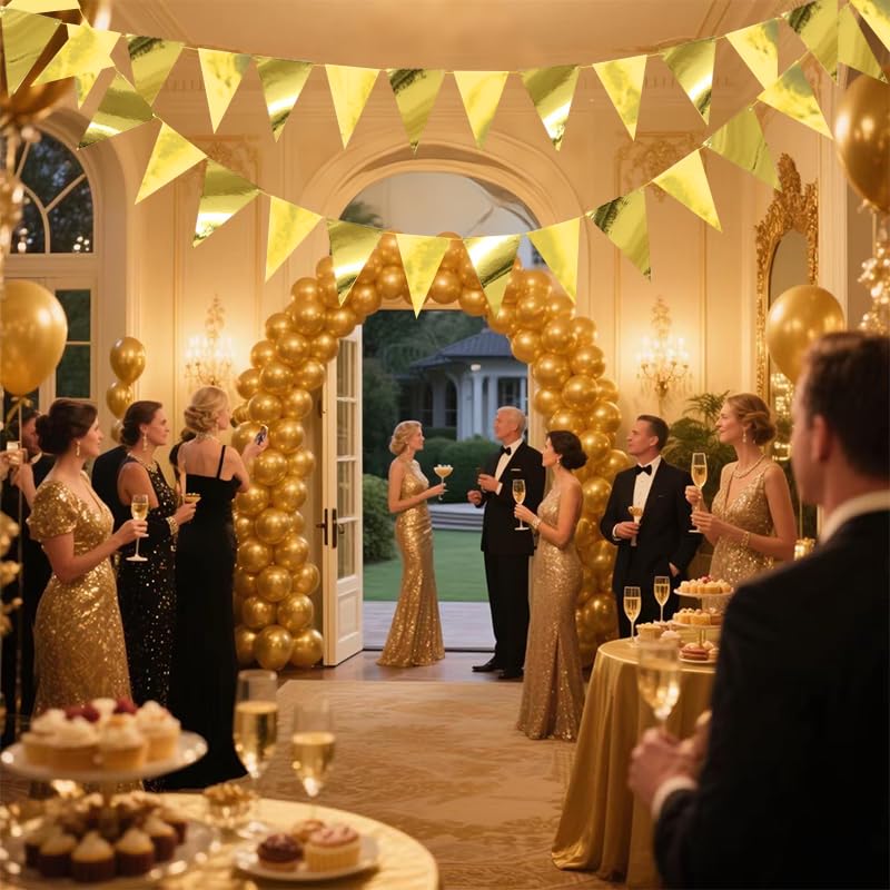 Image of Gold Hanging Triangle Flag Pennant Garland Gold Hanging Paper Pennant Streamer Paper Triangle Flag Bunting Banner for Graduation Wedding Engagement Birthday Party Decorations 30 Feet