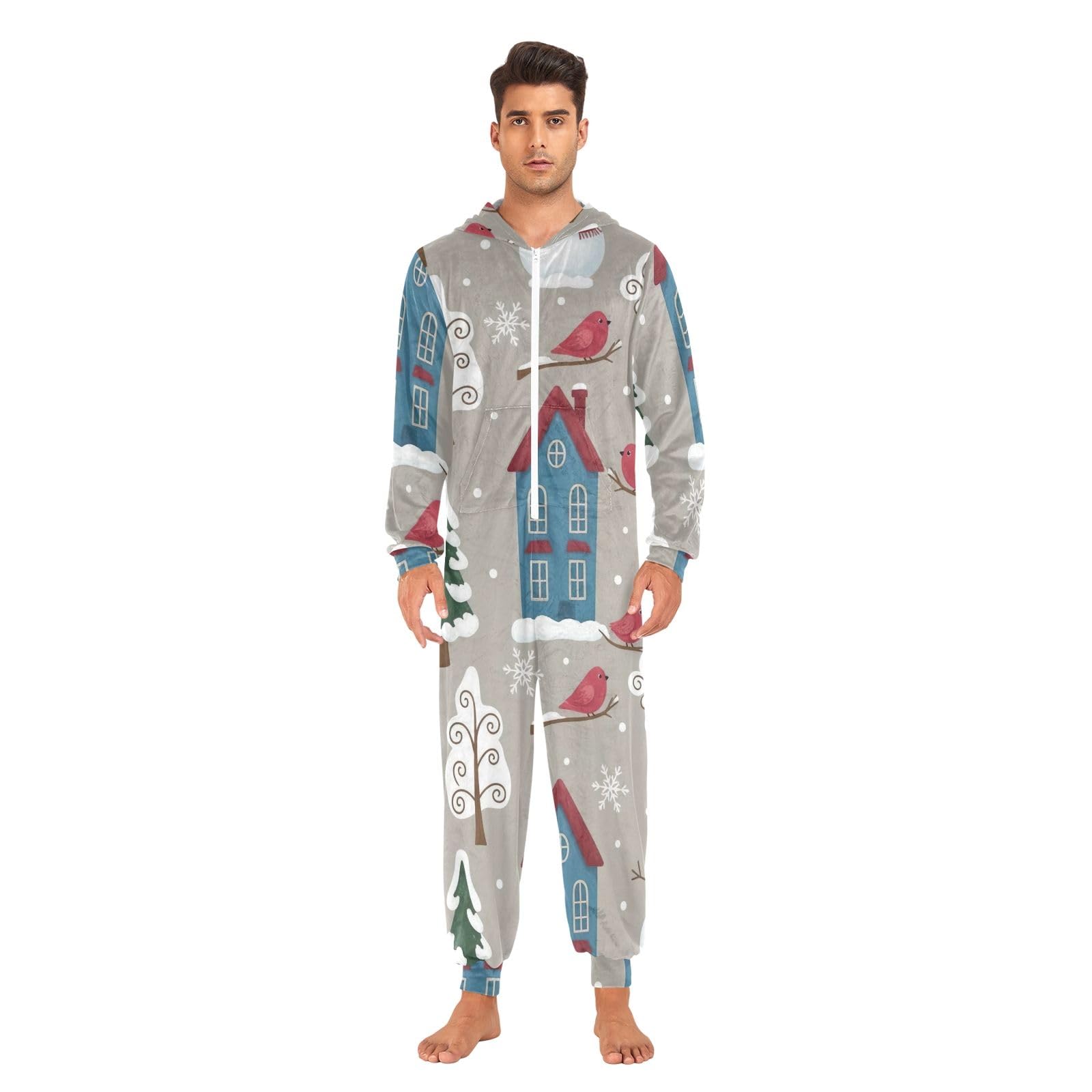 Whimsical Winter Snow Trees Adulto Onesie Pigiama, Morbido Accogliente Tuta di Natale, In Pile Un Pezzo Loungewear