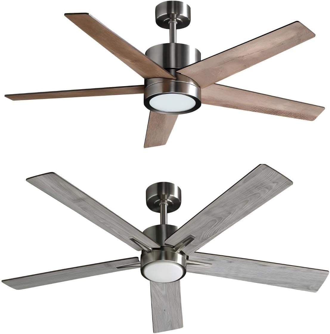 2 PACK 52 Inch Ceiling Fan with Light for Bedroom Paito Kitchen Living Room Home Office, Elegant Wooden Blades(Brushed Nickel+ Gray)