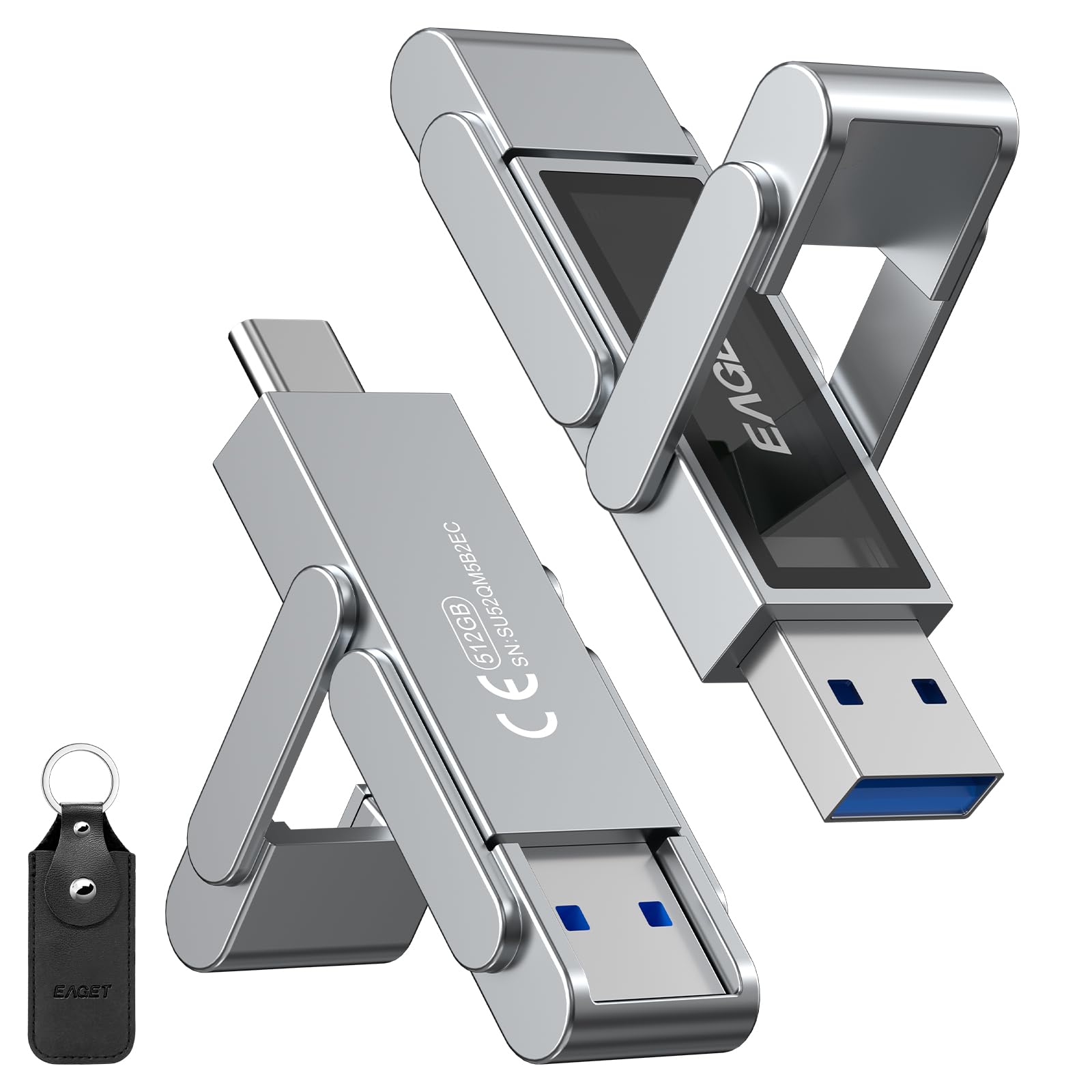 Eaget Chiavetta USB 3.2 a doppia porta da 512 GB (USB-C + USB-A) – 560 MB/s ad alta velocità Solid State Thumb Drive per iPhone 15/16/17 Pro, Android, Mac, PC, PS5 – SSD portatile in metallo