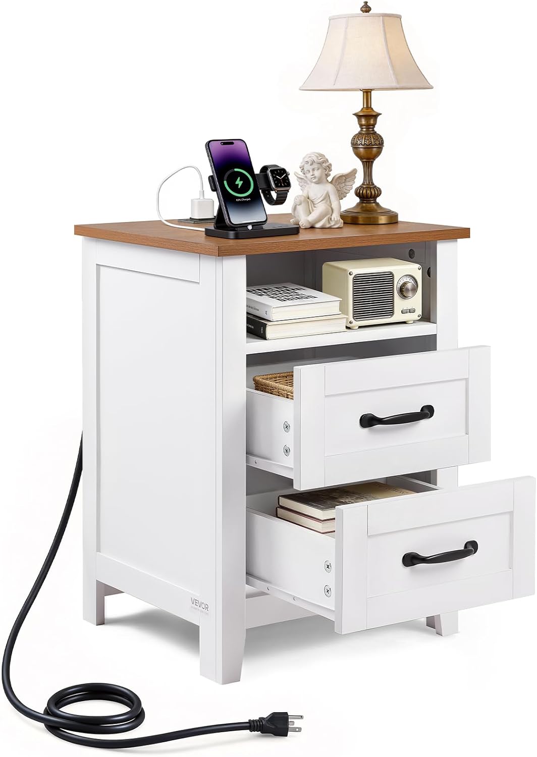 VEVOR Farmhouse Nightstand with Charging Station, 18" Wide End Table with 2 Drawers, Bedside Table, Rustic Side Table with Open Storage Shelf, USB/Type-C Ports, 6.5ft Cord, for Bedroom, White & Brown