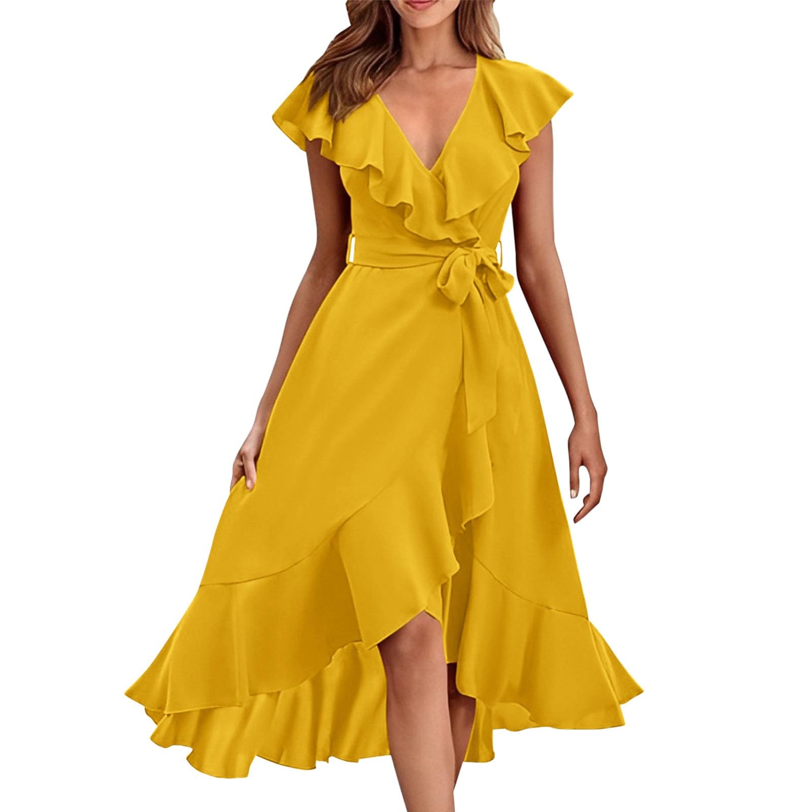 Robe d'été longue à manches à volants et ourlet asymétrique chic - 6