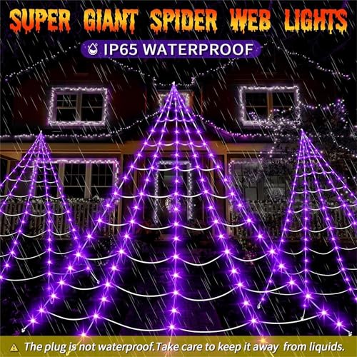 Halloween Decorations Outdoor, 250LED 23x18 FT Giant Spider Web with Purple Lights, Lighted Triangular Black Spider Web with Sturdy Wire, Waterproof, Timer, 8 Modes for Yard Halloween Décor