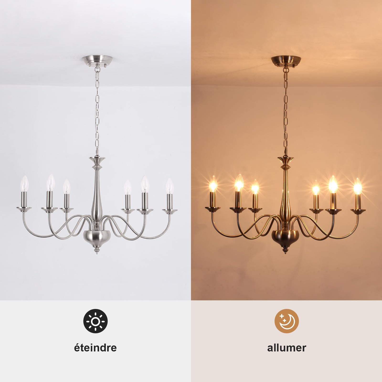 Lustre Salon Moderne Lustre Salle à Manger Bougie Chandelier Lustres Couleur Nickel,6*E14 Style RéTro -Convient Pour La Salle à Manger, Cuisine,EntréE（Non Incluses）