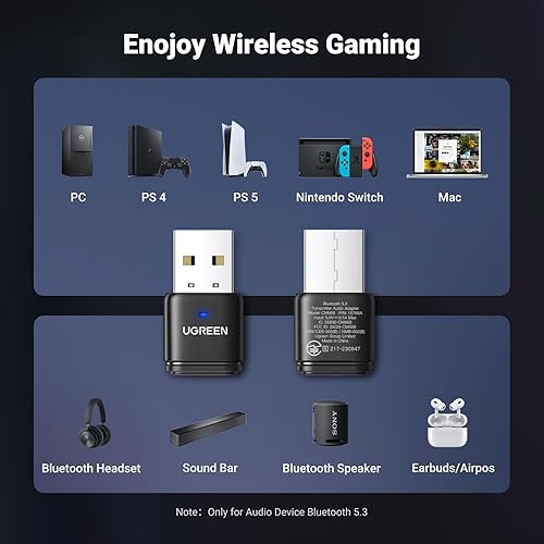 Miniatura 4 de UGREEN Adaptador Bluetooth 5.3 para PS5, transmisor de audio USB con APTX, conexión de auriculares Bluetooth a PS5, PS4, Switch, PC, adaptador de