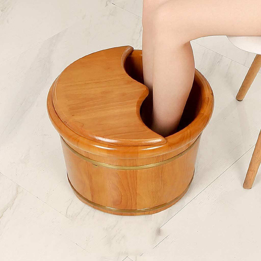 Fußbad-Spa, Fußbadewanne aus Holz mit Deckel, Massage-Pediküre-Fass, Spa-Becken zum Einweichen müder und schmerzender Füße, Fußbad-Eimer und Einweichschale, 26 cm,Natural