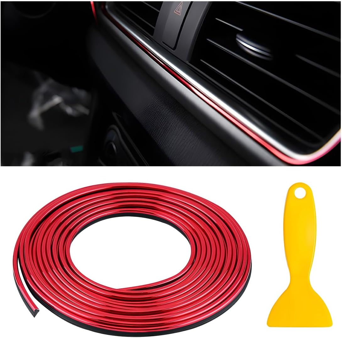 Car Interior Trim Strips, 32.8ft Self Adhesive Electroplated PVC Insert Molding Trim, DIY Moulding Trim Strip Line for Car Air Vent Door Dashboard Decorations, Red