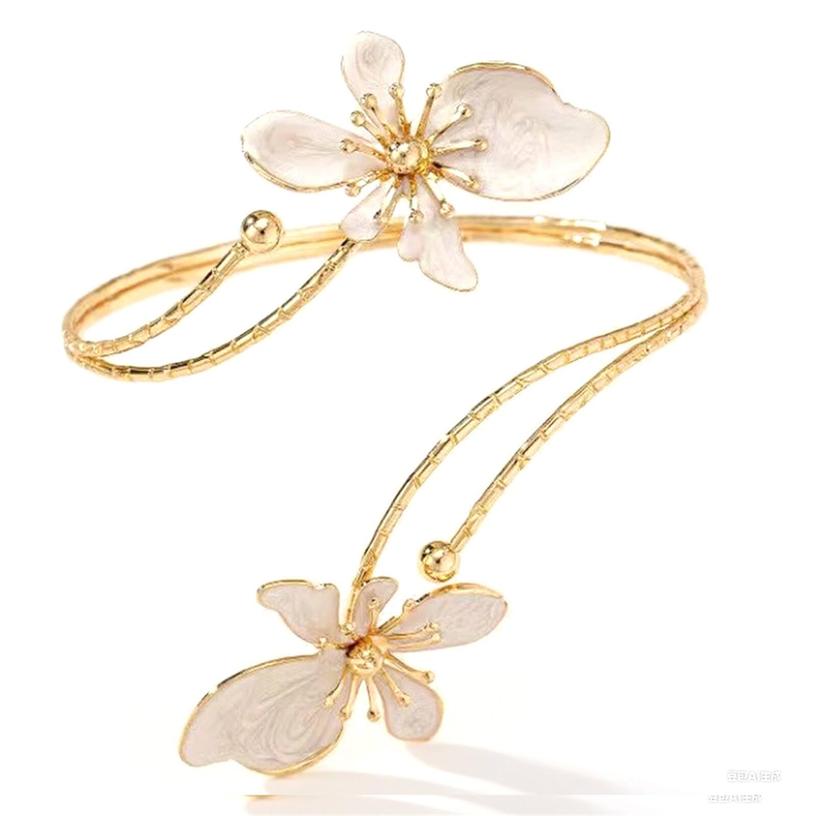 Adjustable Gold Flower Floral Arm Cuff Bracelet Bangle Armband Upper for Women Statement Arm Jewelry Gift-H white-1