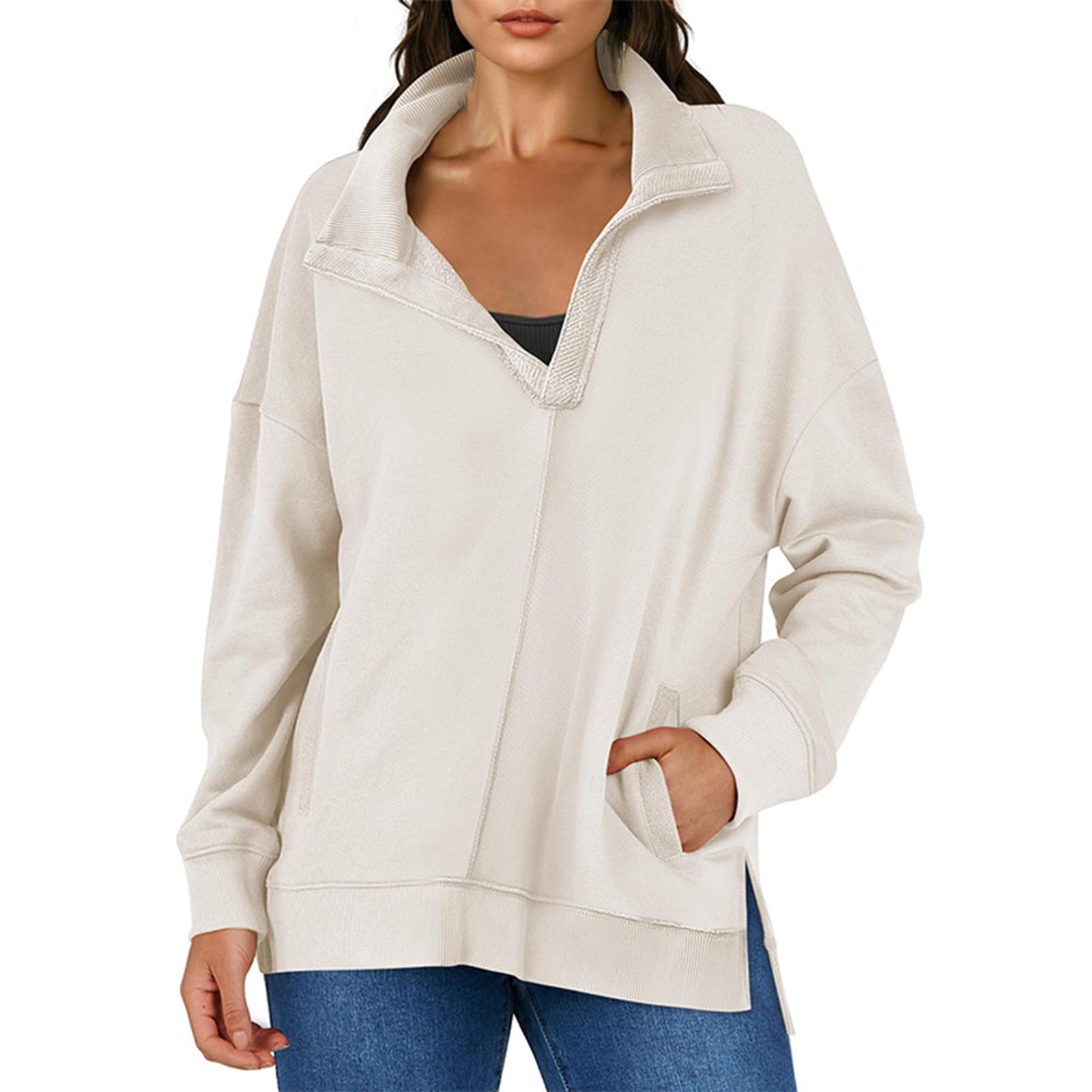 Camicia da allenamento grafica da donna 2025 con spacco laterale spalla a goccia Top di base Camicie tinta unita con scollo a V in pile atletico a maniche lunghe in cotone eleganti tuniche camicette