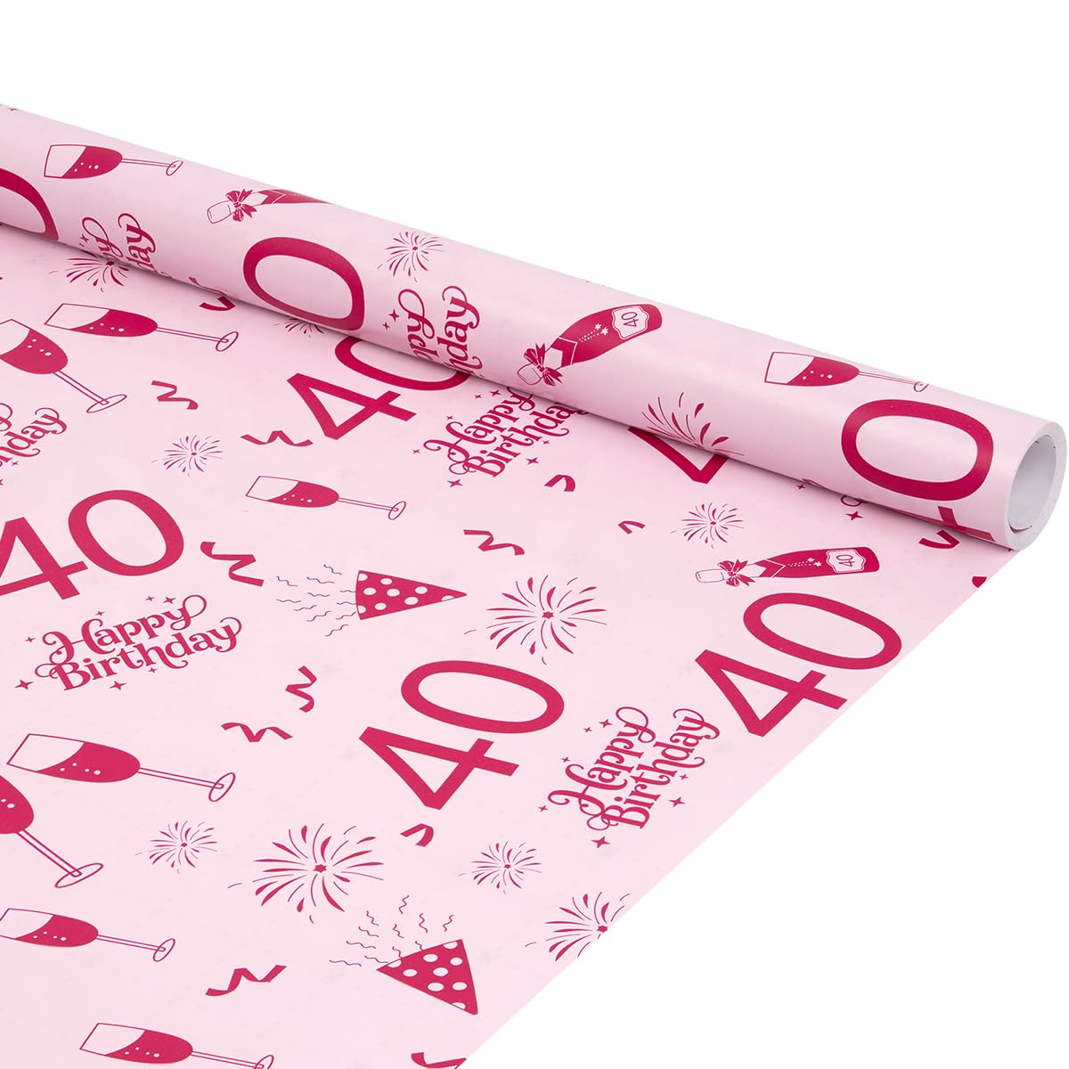 6M x 43cm Birthday Wrapping Paper Roll, 40th Pink Wrapping Paper for Birthday Gift Decorations — image 1