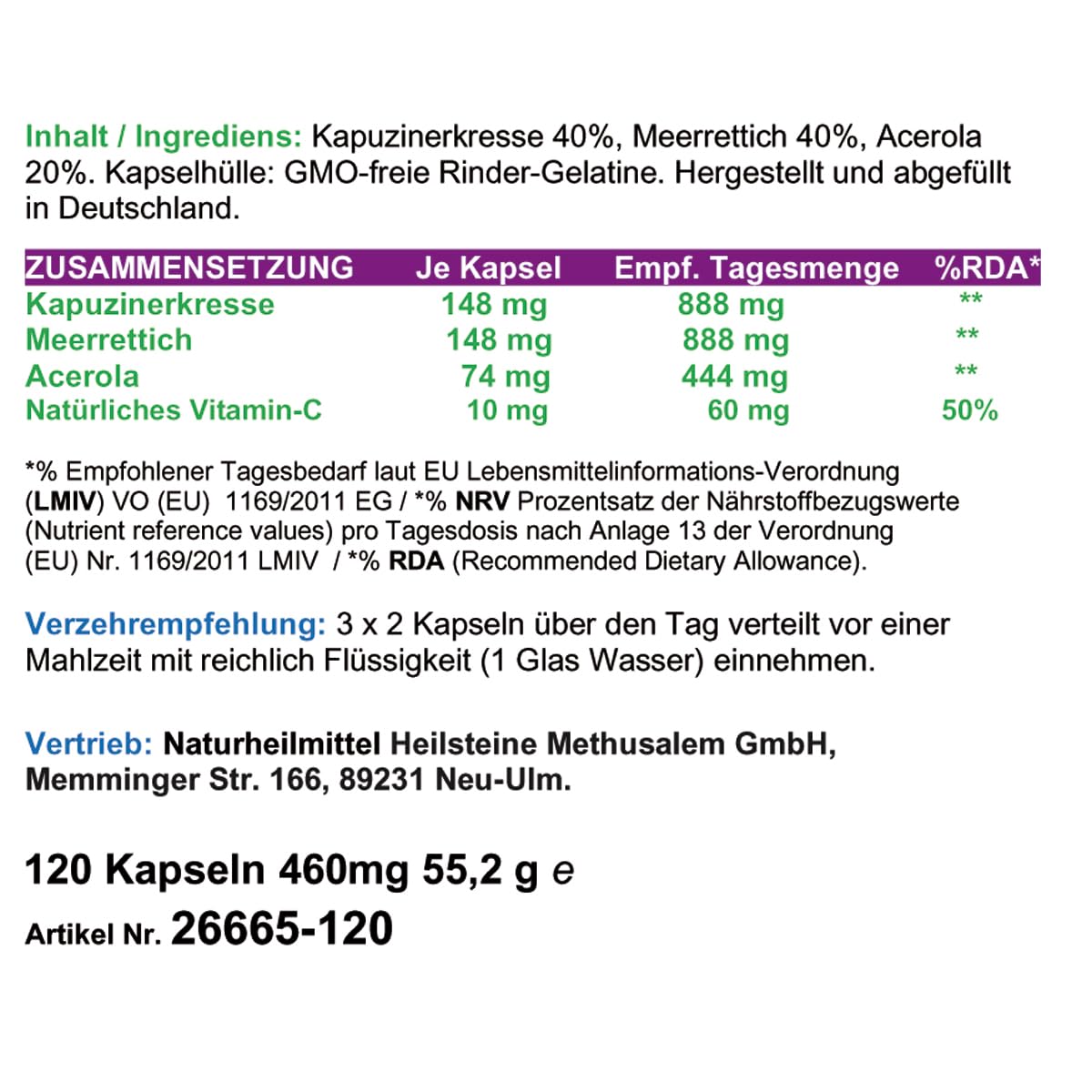 Immunstark - Immunsystem & Abwehrkräfte stärken 360 (3x120) Kapseln Immun-Trio mit Kapuzinerkresse, Meerrettich, Acerola (natürliches Vitamin-C). 100% NATUR pur. OHNE Zusatzstoffe. 26665-3
