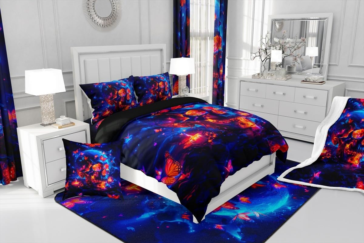 Feelyou Skull Curtains for Bedroom Living Room (2 Panels, 42 x 90 Inch) Butterfly Room Darkening Blackout Curtain Gothic Skull Darkening Drapes Bones Window Treatments Blue Orange