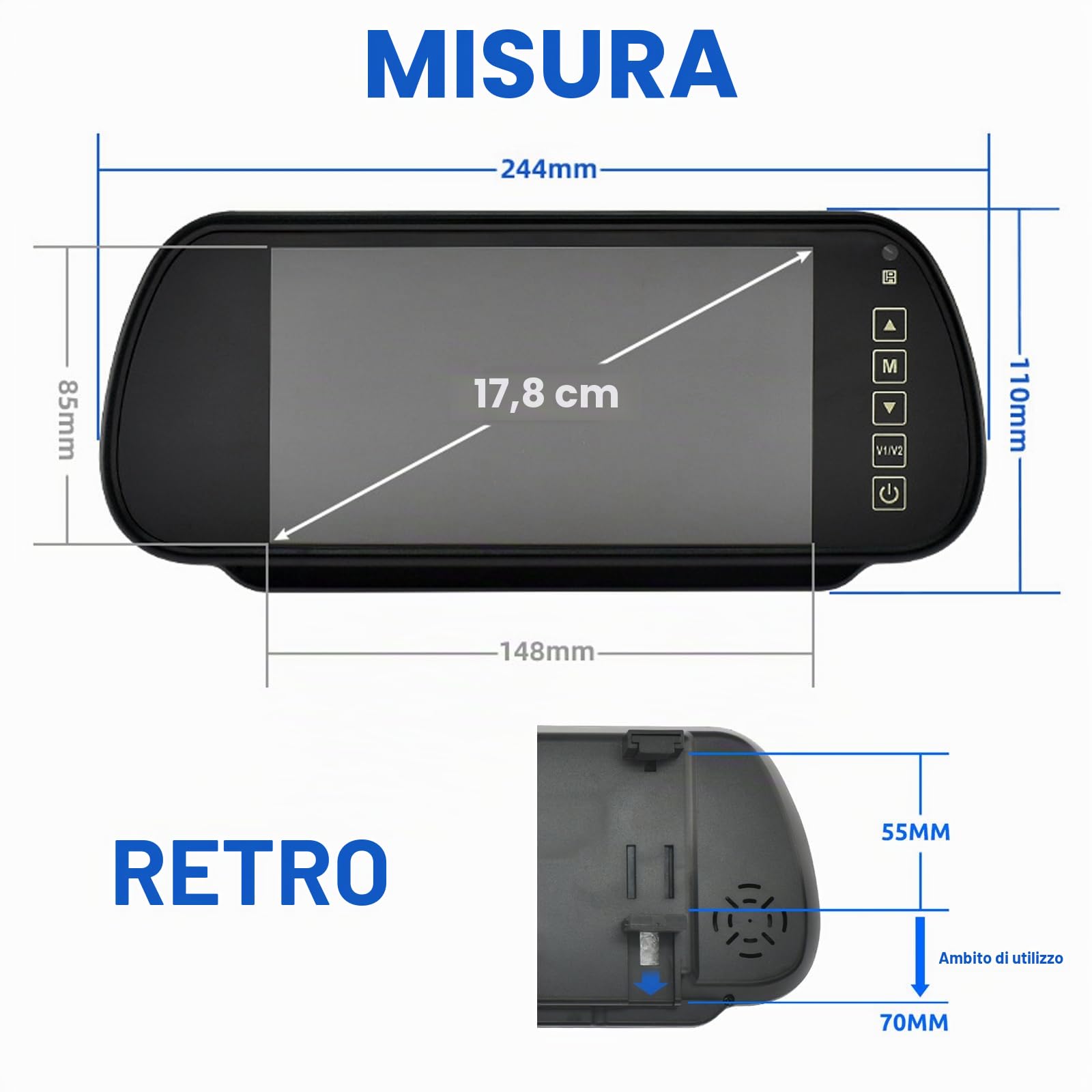 Auto 7 Pollici Monitor, Cocar 12V-24V HD 800x400 2 Canali RCA Specchietto Retrovisore con Telecomando In-Mirror LCD Schermo per Camion la Macchina Fotografica di Sostegno DVD Media Player