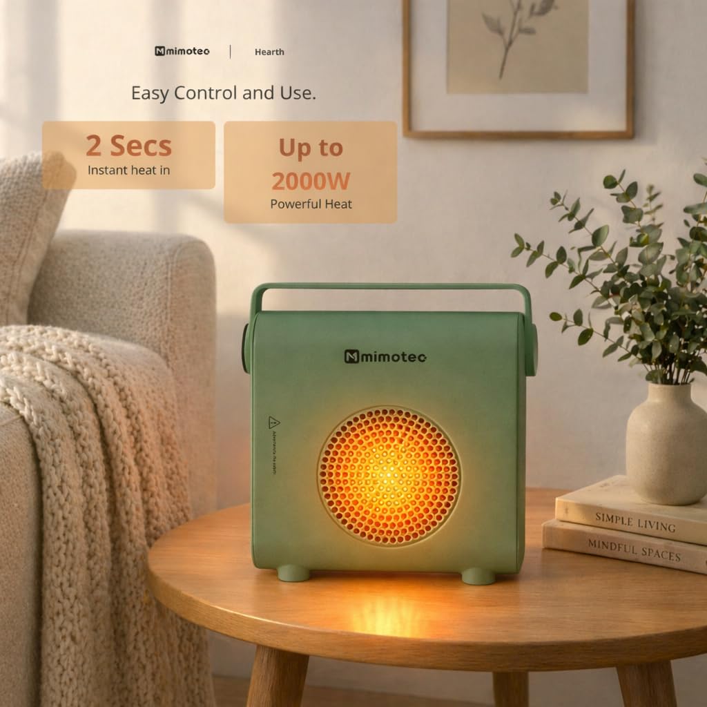 M Mimotec Grzejnik ceramiczny Green Hearth 2000 W, 3 tryby (wentylator/niski/wysoki), regulowany termostat, cichy <60 dB, z pilotem, timerem i zabezpieczeniem przed przewróceniem