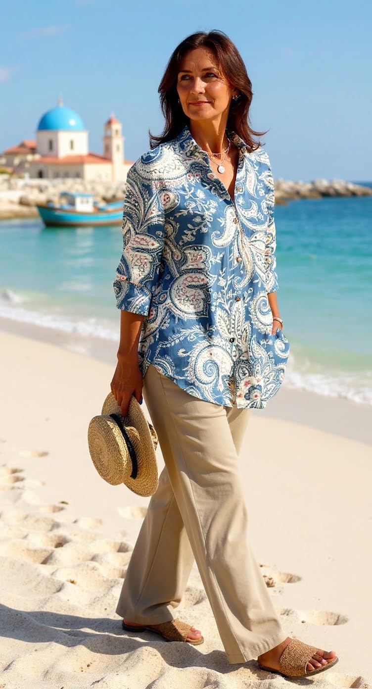 Women's Boho Long Sleeve Button Up Linen Shirts Casual Floral Collared Tops Fall Spring Summer Comfy Graphic Blouse for Women - Image 2