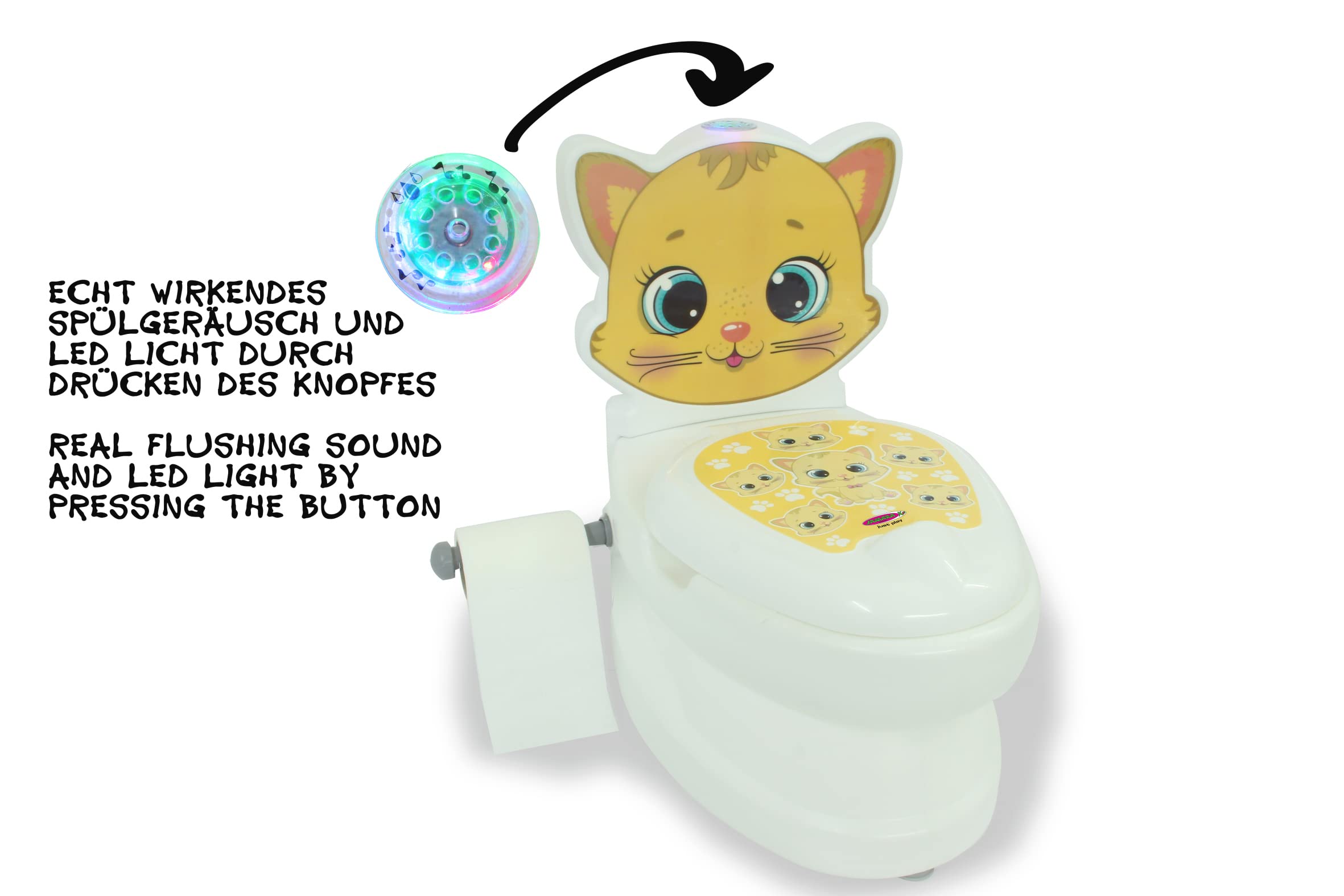 La mia piccola toilette gatto con suono e porta carta igienica – facile da pulire, bottoni a ventosa per una buona tenuta, supporto per carta igienica, schienale rimovibile, luce a LED